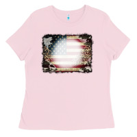 Bubblegum Pink American Flag Cowhide Leopard Bleach Effect Ladies Tee - CowCowDesign