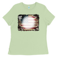 Matcha American Flag Cowhide Leopard Bleach Effect Ladies Tee - CowCowDesign