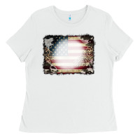 White American Flag Cowhide Leopard Bleach Effect Ladies Tee - CowCowDesign
