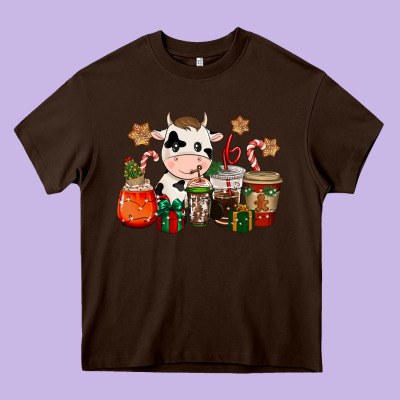 Cow Coffee Cups Christmas Heavy Core Tee Designed By Cowgirlartshop