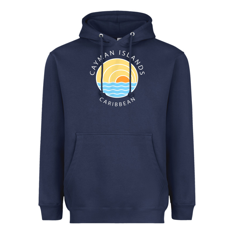 Cayman Islands Retro Colorful Ocean Sunset Palm Tree Novelty Heavyweight Hoodie by linhVisuals | Teevron