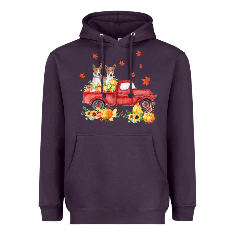 Basenji Pumpkin Truck Fall Leaf Thanksgiving Halloween Heavyweight Hoodie by linhVisuals | Teevron