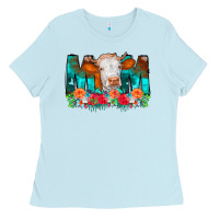Cow Mom Turquoise Tooled Leather Flowers Ladies Tee | Teevron