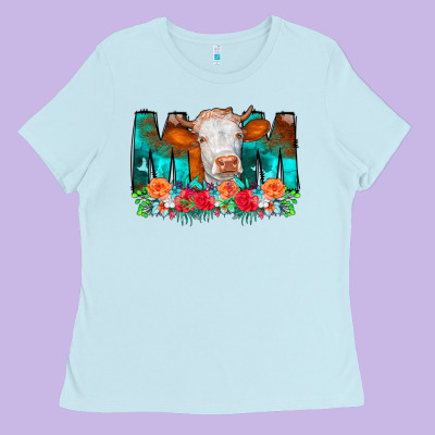 Cow Mom Turquoise Tooled Leather Flowers Ladies Tee Designed By Cowcowdesign