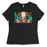 Black Cow Mom Turquoise Tooled Leather Flowers Ladies Tee - CowCowDesign