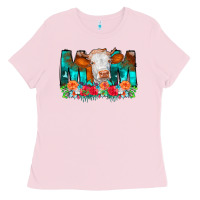 Bubblegum Pink Cow Mom Turquoise Tooled Leather Flowers Ladies Tee - CowCowDesign