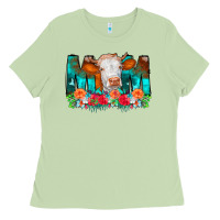 Matcha Cow Mom Turquoise Tooled Leather Flowers Ladies Tee - CowCowDesign