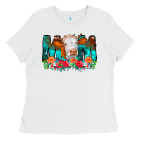 White Cow Mom Turquoise Tooled Leather Flowers Ladies Tee - CowCowDesign