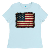 Baby Blue American Flag With Leopard Frame Ladies Tee - CowCowDesign