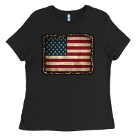 Black American Flag With Leopard Frame Ladies Tee - CowCowDesign
