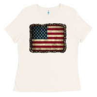 Bone American Flag With Leopard Frame Ladies Tee - CowCowDesign