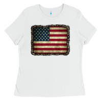 White American Flag With Leopard Frame Ladies Tee - CowCowDesign