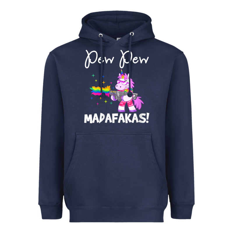 Womens Pew Madafakas Funny Fantasy Unicorn With Rainbow Gun   White V Heavyweight Hoodie by linhVisuals | Teevron
