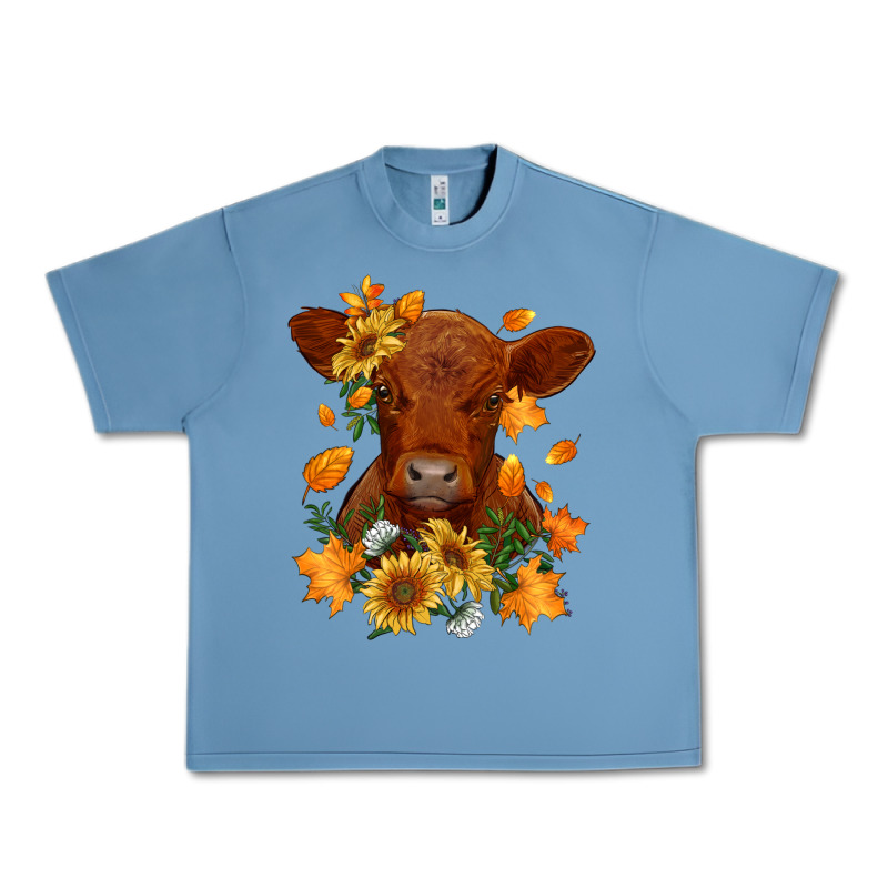 Fall Red Angus Calf Dried Leaves And Sunflowers Urban Heavy Tee by RanaPortraitStore | Teevron