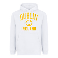 White womens dublin ireland varsity style shamrock green with amber print v Heavyweight Hoodie - linhVisuals