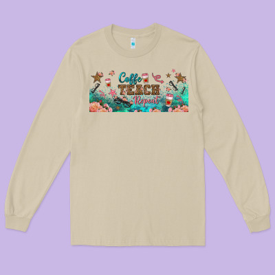 Coffe Teach Repeat Libbey Glass Long Sleeve Tee Designed By Bundleandbundleshop