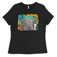 Black Cows Glitter Turquoise Leopard Sunflowers Ladies Tee - CowCowDesign