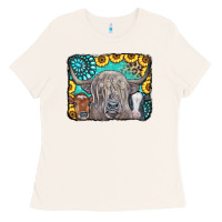 Bone Cows Glitter Turquoise Leopard Sunflowers Ladies Tee - CowCowDesign