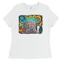 White Cows Glitter Turquoise Leopard Sunflowers Ladies Tee - CowCowDesign