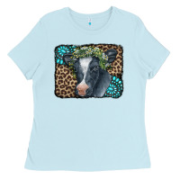 Baby Blue Floral Cow Leopard Gemstone Ladies Tee - CowCowDesign