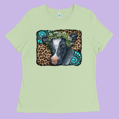 Floral Cow Leopard Gemstone Ladies Tee Designed By Cowcowdesign