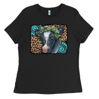 Black Floral Cow Leopard Gemstone Ladies Tee - CowCowDesign