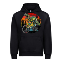Black t rex dinosaur riding bicycle with retro forest sunset Urban Hoodie - RanaPortraitStore