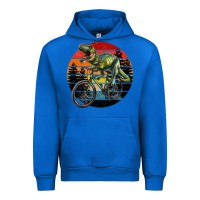 Cobalt t rex dinosaur riding bicycle with retro forest sunset Urban Hoodie - RanaPortraitStore