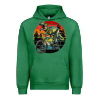 Emerald t rex dinosaur riding bicycle with retro forest sunset Urban Hoodie - RanaPortraitStore