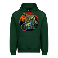 Forest Green t rex dinosaur riding bicycle with retro forest sunset Urban Hoodie - RanaPortraitStore