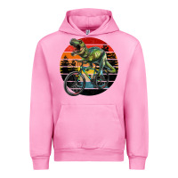 Fuchsia Pink t rex dinosaur riding bicycle with retro forest sunset Urban Hoodie - RanaPortraitStore