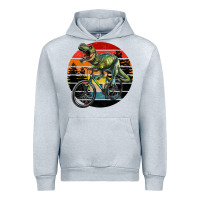 Heather Grey t rex dinosaur riding bicycle with retro forest sunset Urban Hoodie - RanaPortraitStore