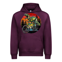 Mauve Wine t rex dinosaur riding bicycle with retro forest sunset Urban Hoodie - RanaPortraitStore