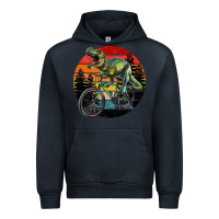Navy t rex dinosaur riding bicycle with retro forest sunset Urban Hoodie - RanaPortraitStore