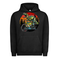Pigment Black t rex dinosaur riding bicycle with retro forest sunset Urban Hoodie - RanaPortraitStore