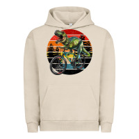 Pigment French Oak t rex dinosaur riding bicycle with retro forest sunset Urban Hoodie - RanaPortraitStore