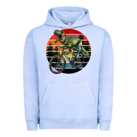 T Rex Dinosaur Riding Bicycle With Retro Forest Sunset Urban Hoodie | Teevron