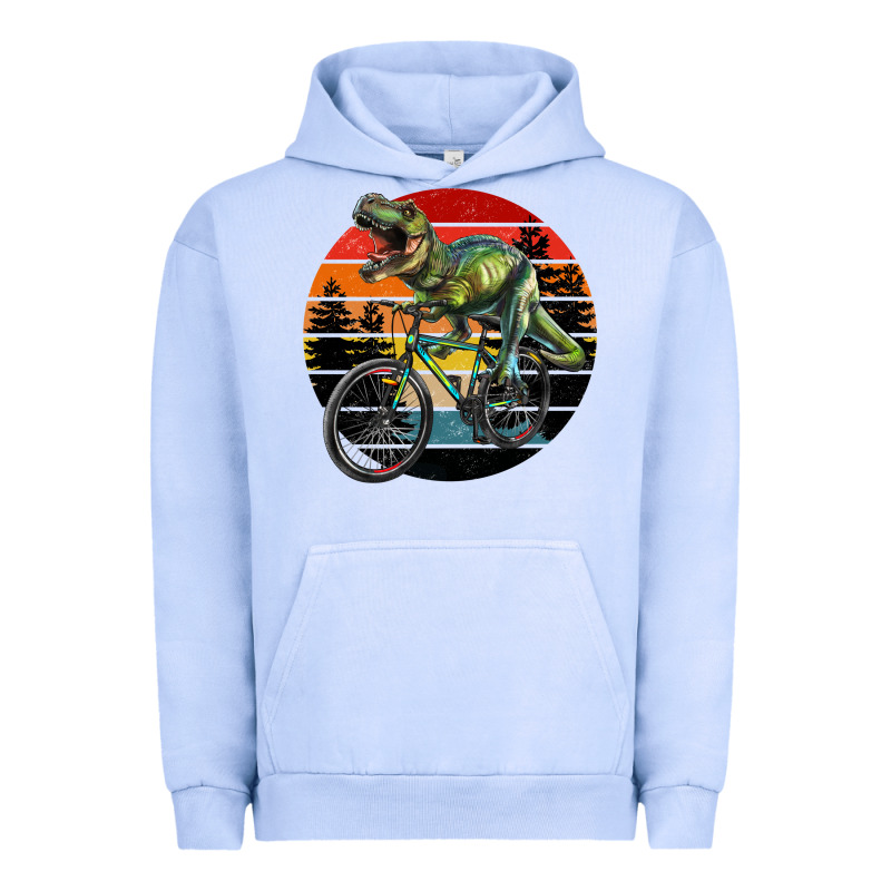 T Rex Dinosaur Riding Bicycle With Retro Forest Sunset Urban Hoodie by RanaPortraitStore | Teevron