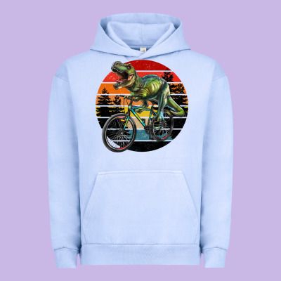 T Rex Dinosaur Riding Bicycle With Retro Forest Sunset Urban Hoodie Designed By Ranaportraitstore