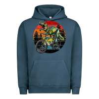 Pigment Midnight Navy t rex dinosaur riding bicycle with retro forest sunset Urban Hoodie - RanaPortraitStore