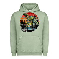 Pigment Oil Green t rex dinosaur riding bicycle with retro forest sunset Urban Hoodie - RanaPortraitStore