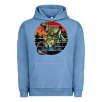 Pigment Pebble Blue t rex dinosaur riding bicycle with retro forest sunset Urban Hoodie - RanaPortraitStore