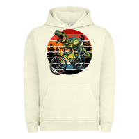 Pigment Pistachio t rex dinosaur riding bicycle with retro forest sunset Urban Hoodie - RanaPortraitStore