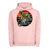 Pigment Salmon t rex dinosaur riding bicycle with retro forest sunset Urban Hoodie - RanaPortraitStore