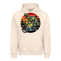 Sandshell t rex dinosaur riding bicycle with retro forest sunset Urban Hoodie - RanaPortraitStore
