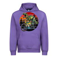 Tulip t rex dinosaur riding bicycle with retro forest sunset Urban Hoodie - RanaPortraitStore