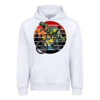 White t rex dinosaur riding bicycle with retro forest sunset Urban Hoodie - RanaPortraitStore