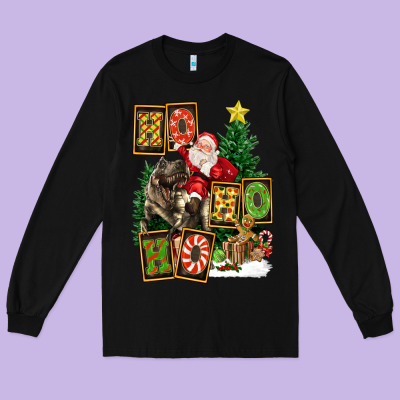 Christmas Trex Ho Ho Ho Santa Long Sleeve Tee Designed By Fadigitalartstudio