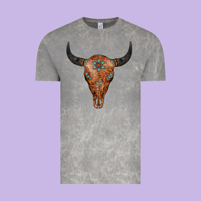 Western Tooled Leather Bull Skull Vintage Tee Designed By Jasminsmagicworld