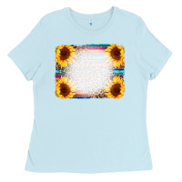 Baby Blue Serape Bleached Sunflowers Leopard Background Ladies Tee - CowCowDesign